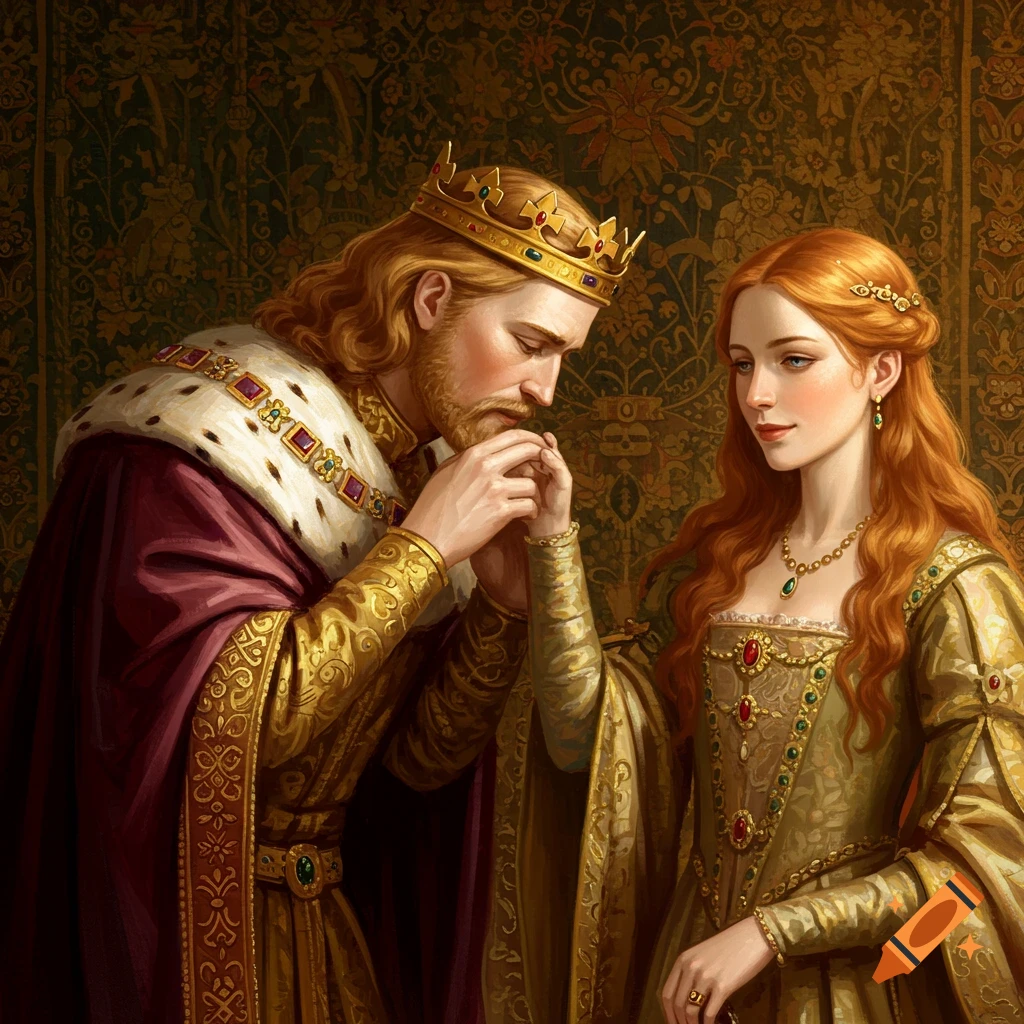 A king kissing a woman's hand