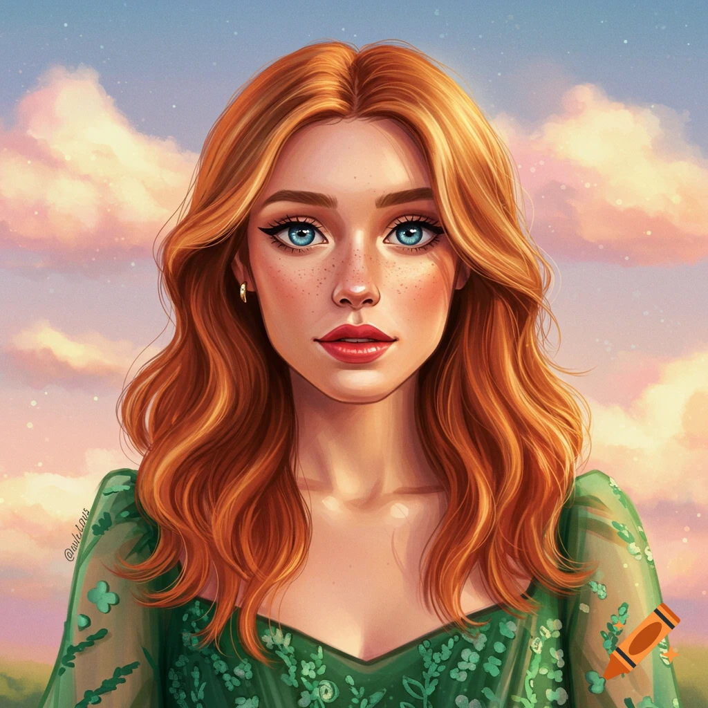A portrait of a woman with red hair, blue eyes, freckles, and a green dress against a cloudy sky.
