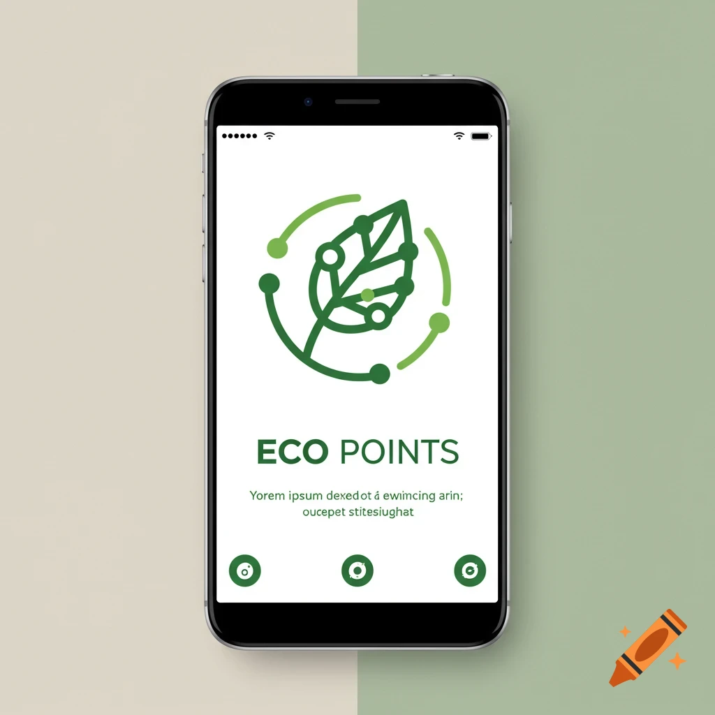A smartphone screen displaying a green leaf logo with dots and text 'ECO POINTS' and placeholder text.