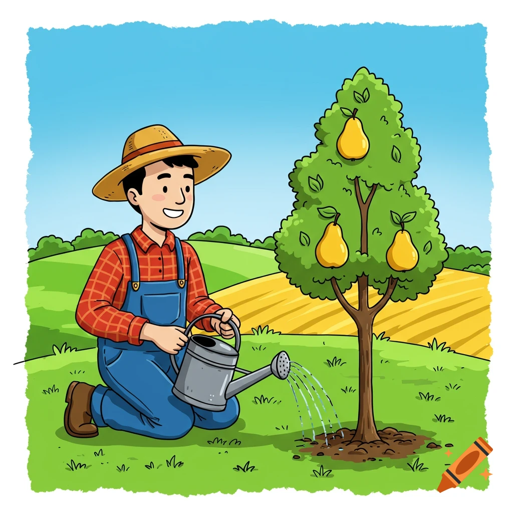 Cartoon farmer watering a pear tree.