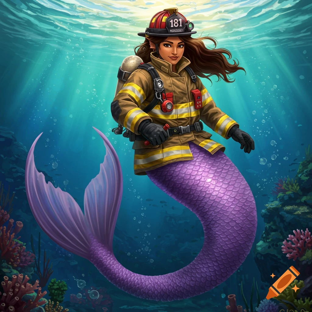 A hispanic mermaid firefighter with a purple tail and scuba gear swimming underwater.