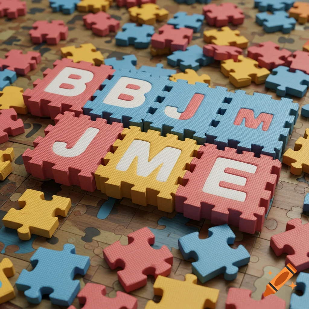 Colorful foam puzzle pieces form BBJMME surrounded by scattered pieces.