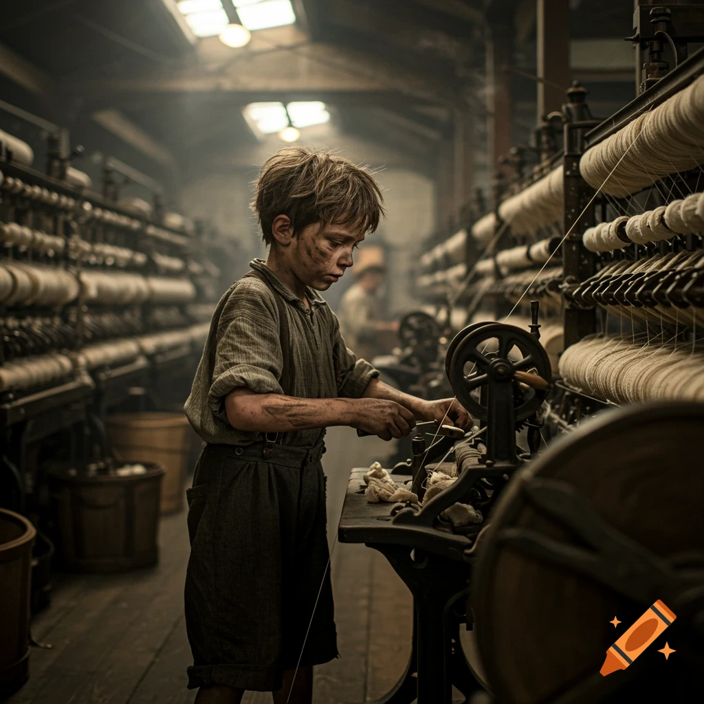 A young boy with dirt on his face works a spinning machine in a dimly lit factory.