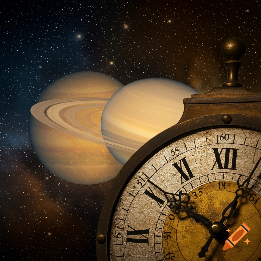 Saturn and another planet with rings beside an old-fashioned clock face in space