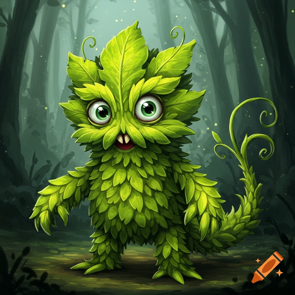 A cute, cartoonish green creature made of leaves stands in a forest.
