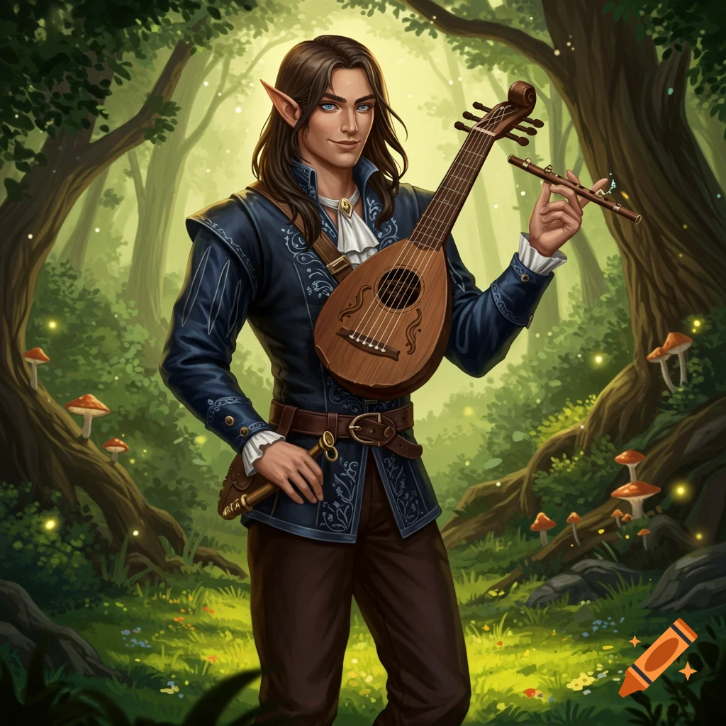 A half-elf male bard with a lute and flute standing in a magical forest.