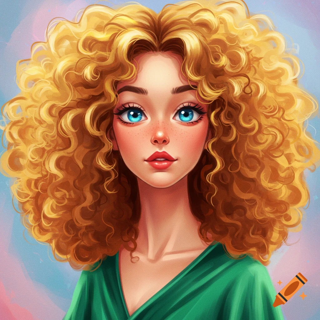 A girl with curly golden hair and blue eyes in a green top.