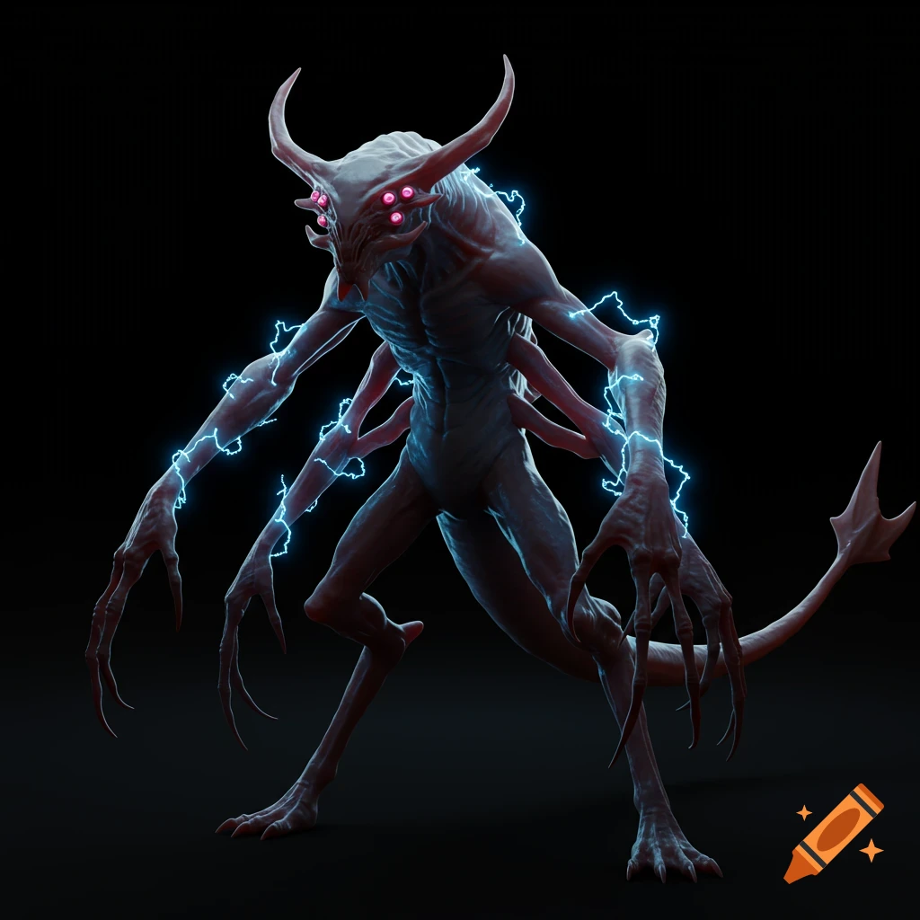 A rendering of a monstrous creature with multiple limbs, horns, multiple pink eyes, and glowing blue electrical energy.