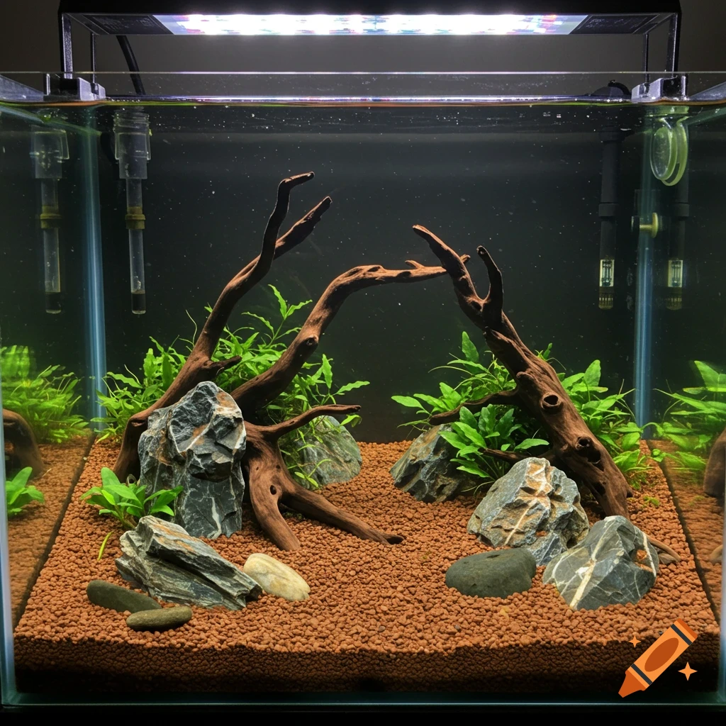 Aquarium with brown substrate, rocks, driftwood, and green plants.