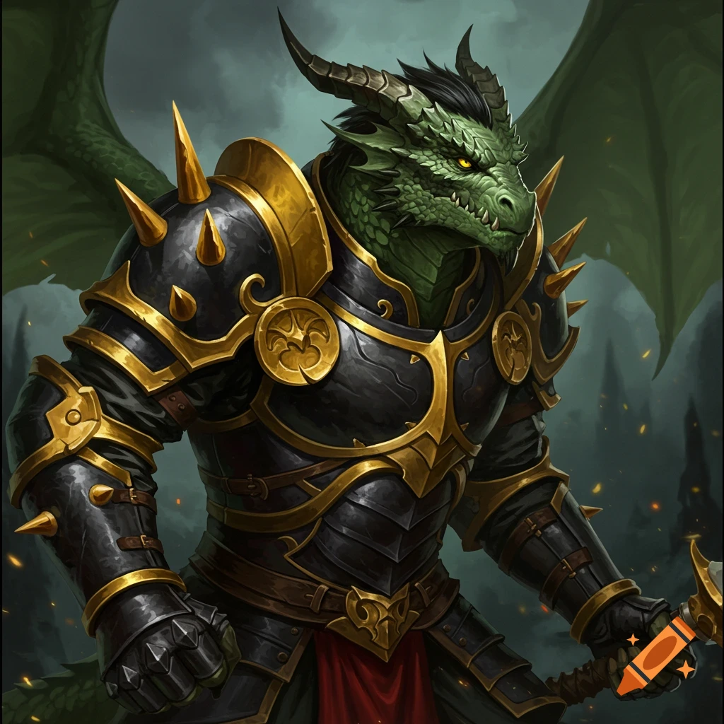 A green dragon-human hybrid in black and gold armor holding a sword.