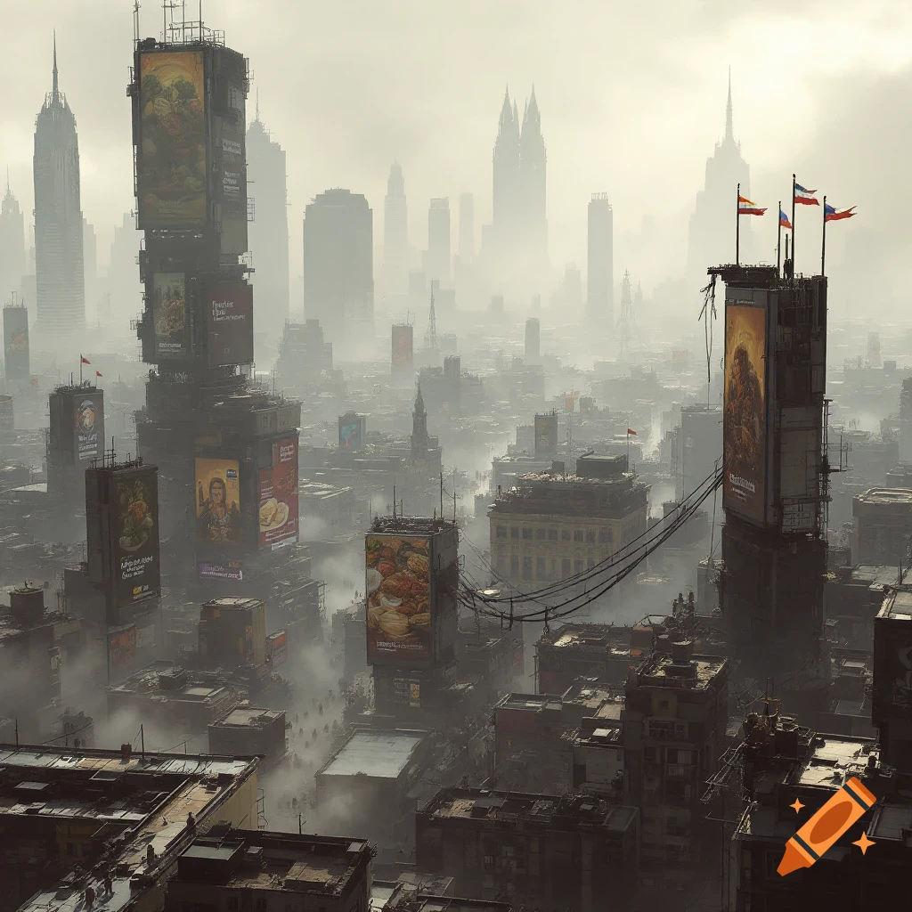 Aerial view of a hazy, dystopian cityscape with towering skyscrapers covered in billboards.