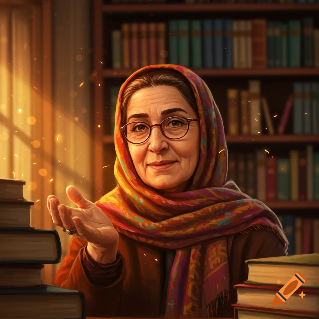 An older woman in a headscarf gestures in a library surrounded by books.