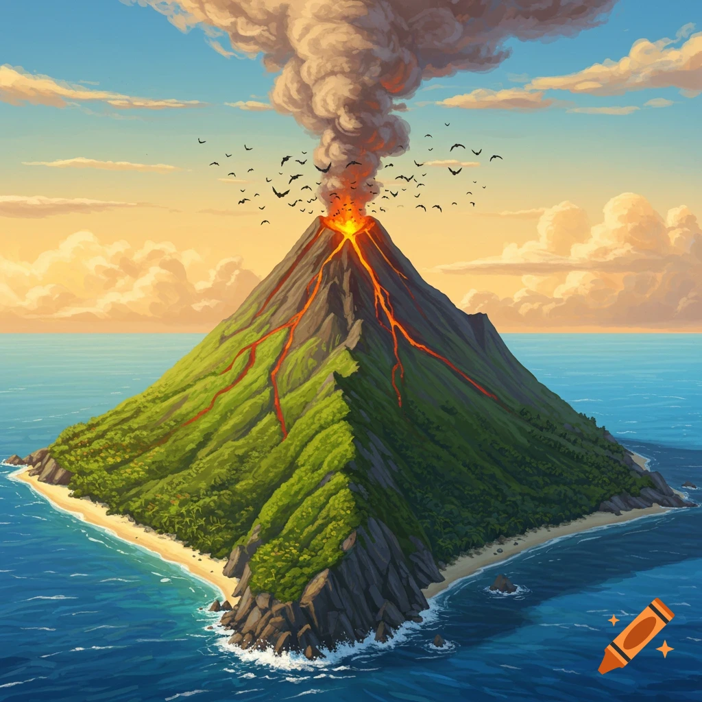 A triangular island features an erupting volcano, lava flows, and bats flying over the smoking caldera. Ocean surrounds the island.