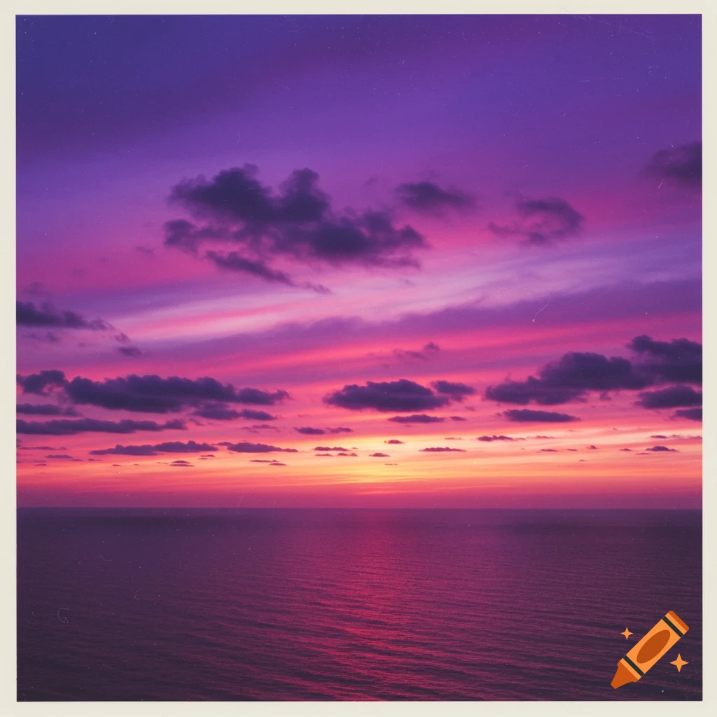 A vibrant purple and pink sunset over a calm ocean.