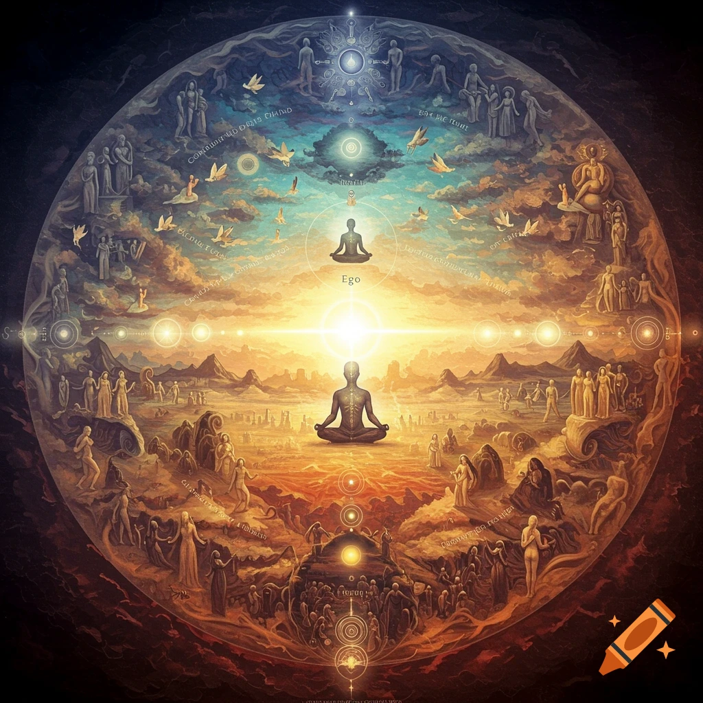 A circular image showing a spiritual or psychological journey, with a meditating figure at the center surrounded by other figures, landscapes, and symbolic elements.