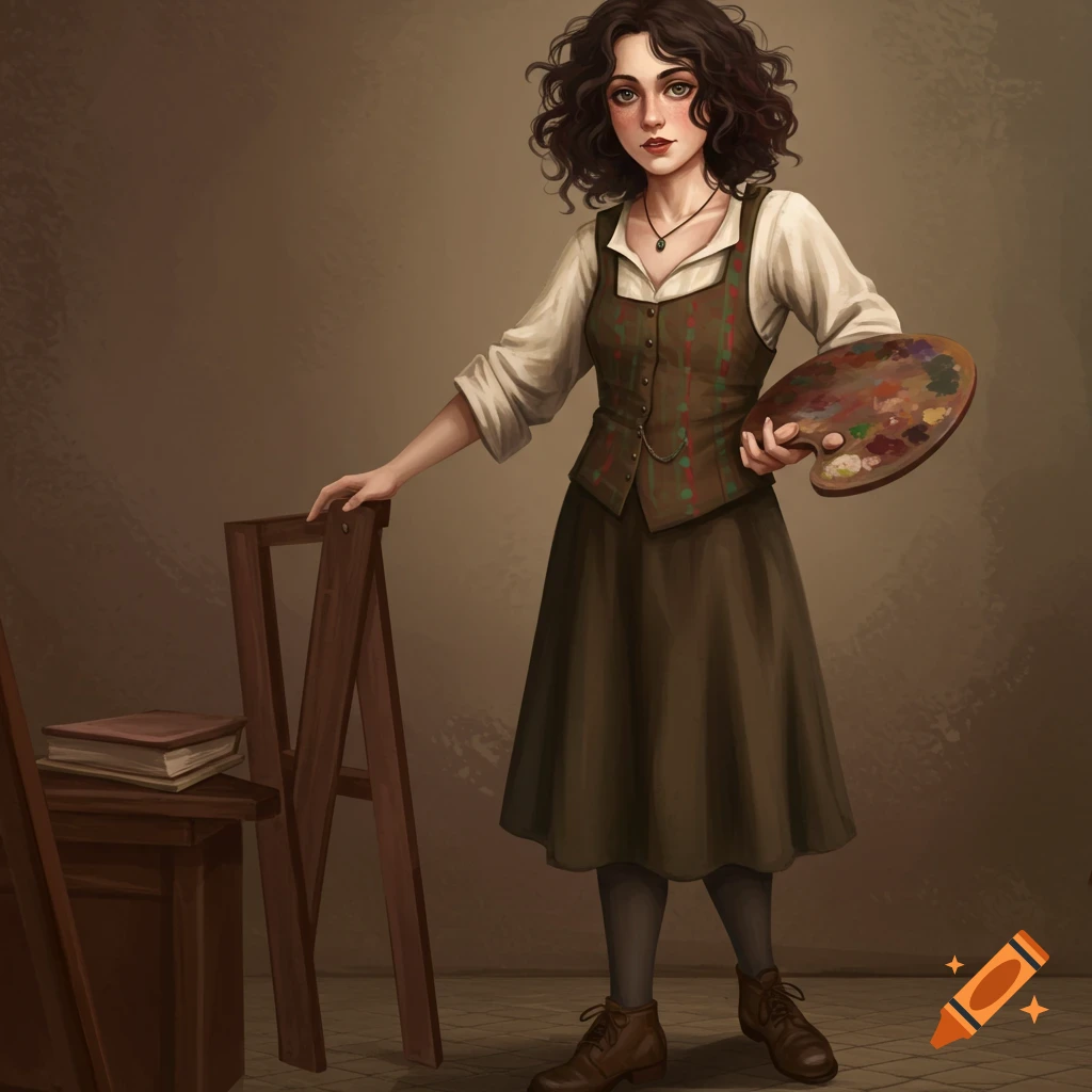 A woman artist holding a palette, standing near an easel and books.