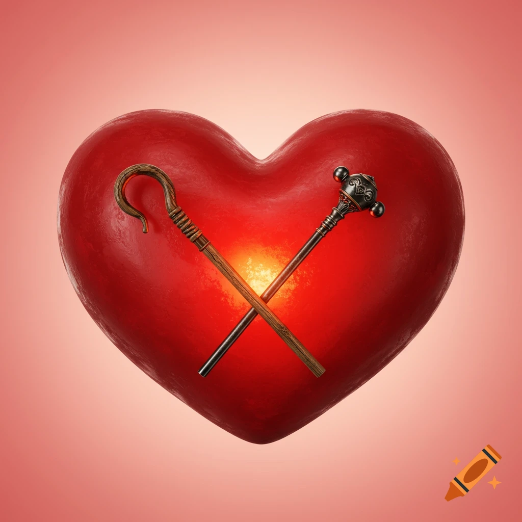 A red heart with an ancient shepherd's staff and a rod crossed over it.
