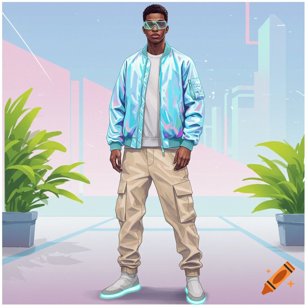 A man in futuristic fashion, wearing a shiny jacket, cargo pants, and glowing shoes, stands in a stylized cityscape.