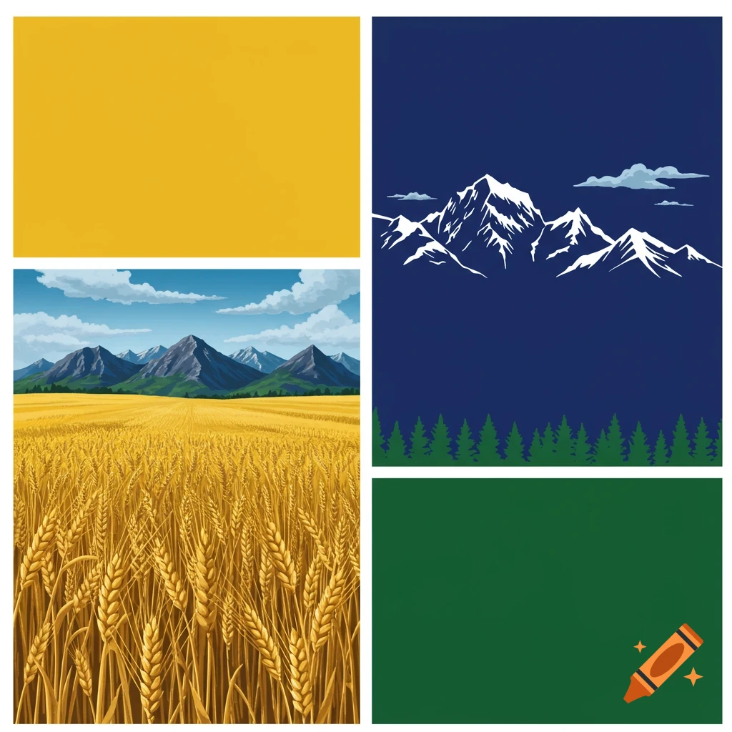 Four-panel image: yellow, blue with mountains and trees, landscape with wheat field and mountains, green.