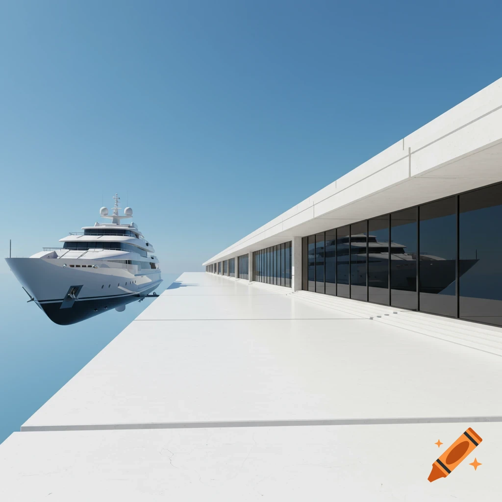 A futuristic white yacht floats beside a long, minimalist white building with dark windows under a clear blue sky.