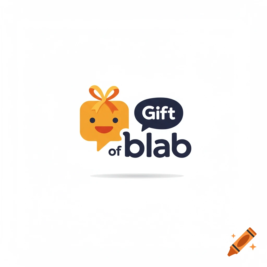 Cartoon logo featuring a smiling orange gift box character with a bow, next to speech bubbles saying "Gift" and "of blab".