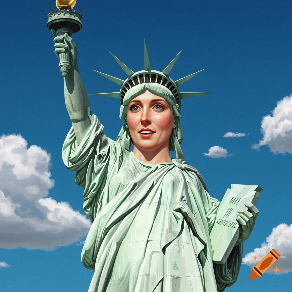 The Statue of Liberty with a human face holding a tablet and torch against a blue sky.