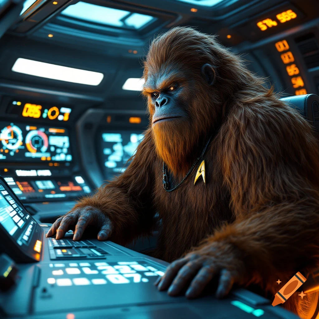 Bigfoot sits at a futuristic Star Trek command console.
