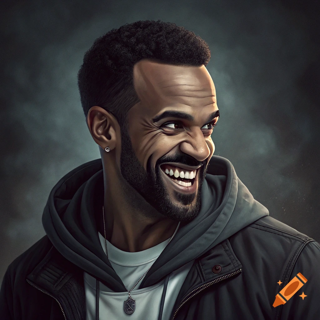 Stylized portrait of a man with beard and hoodie, smiling broadly and looking aside.