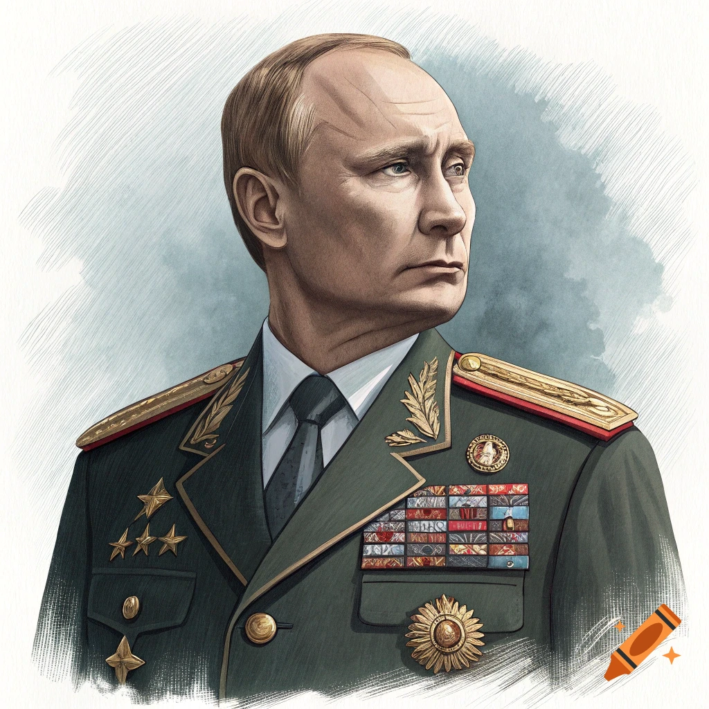 Portrait illustration of Vladimir Putin in a military uniform