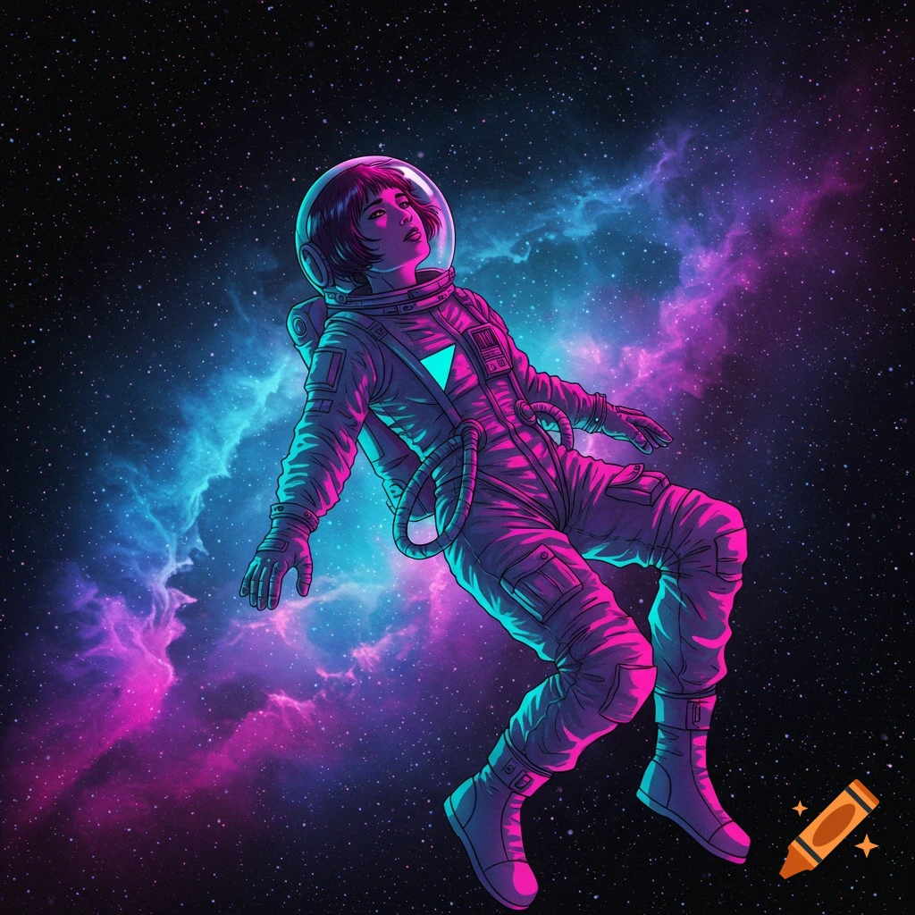 An astronaut floats in space, surrounded by pink and blue nebula.