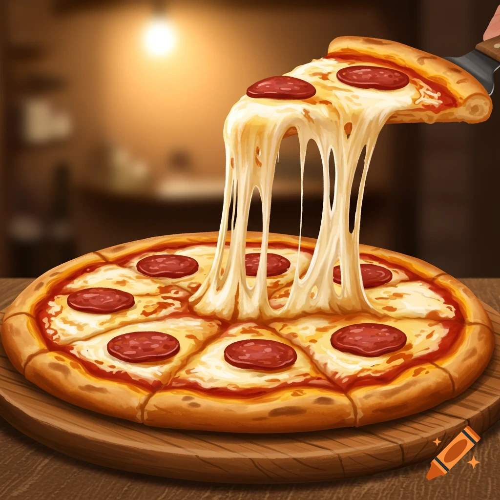 A slice of pepperoni pizza is lifted from a whole pizza, revealing a large cheese pull.