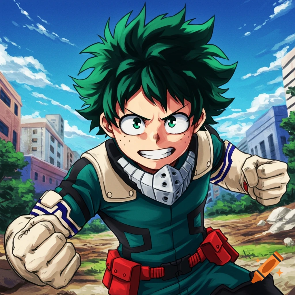 Illustration of Deku from My Hero Academia in a dynamic pose against a city background.