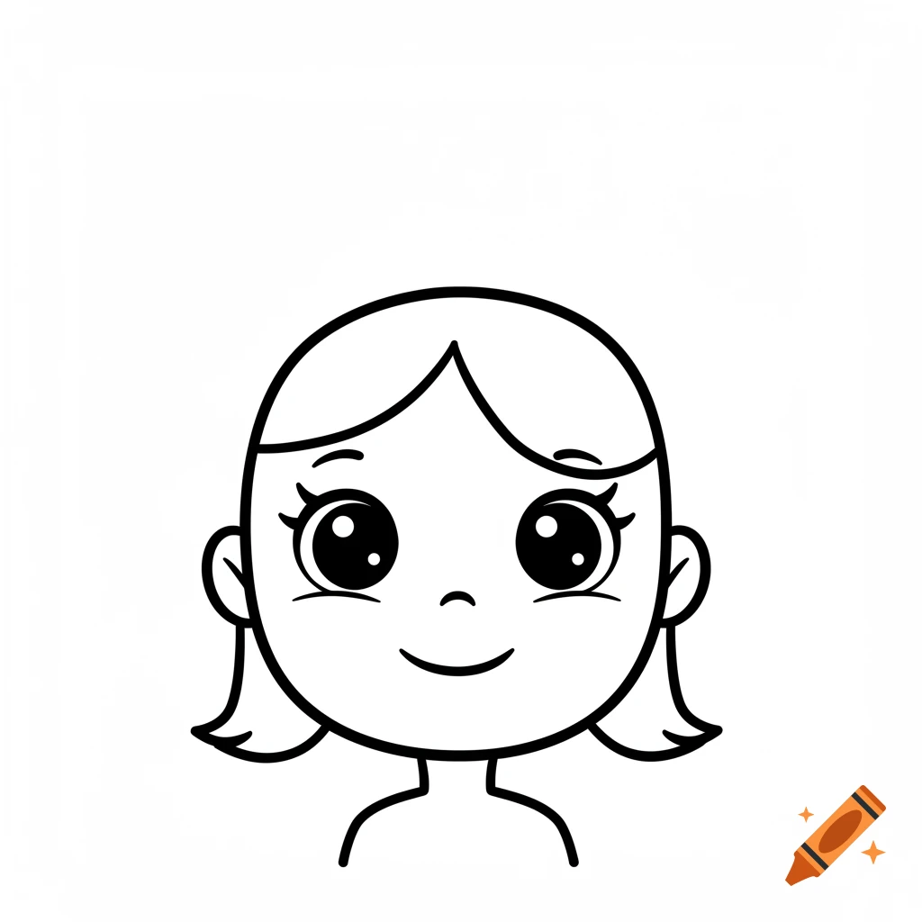 A simple black and white line drawing of a smiling cartoon girl's face.