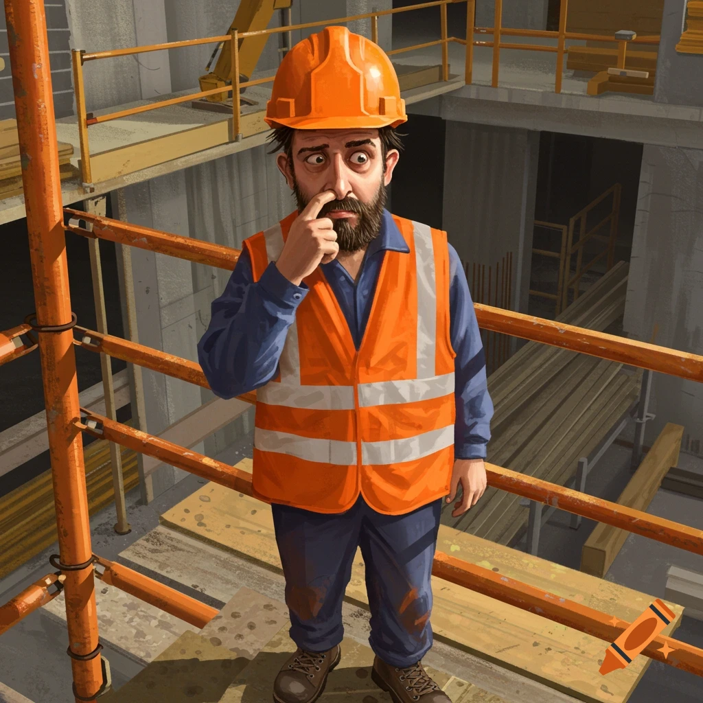 A worker picks his nose while standing on scaffolding at a construction site.