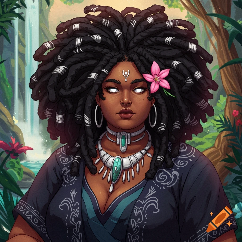 Anime portrait of a woman with locs and glowing eyes in a forest.