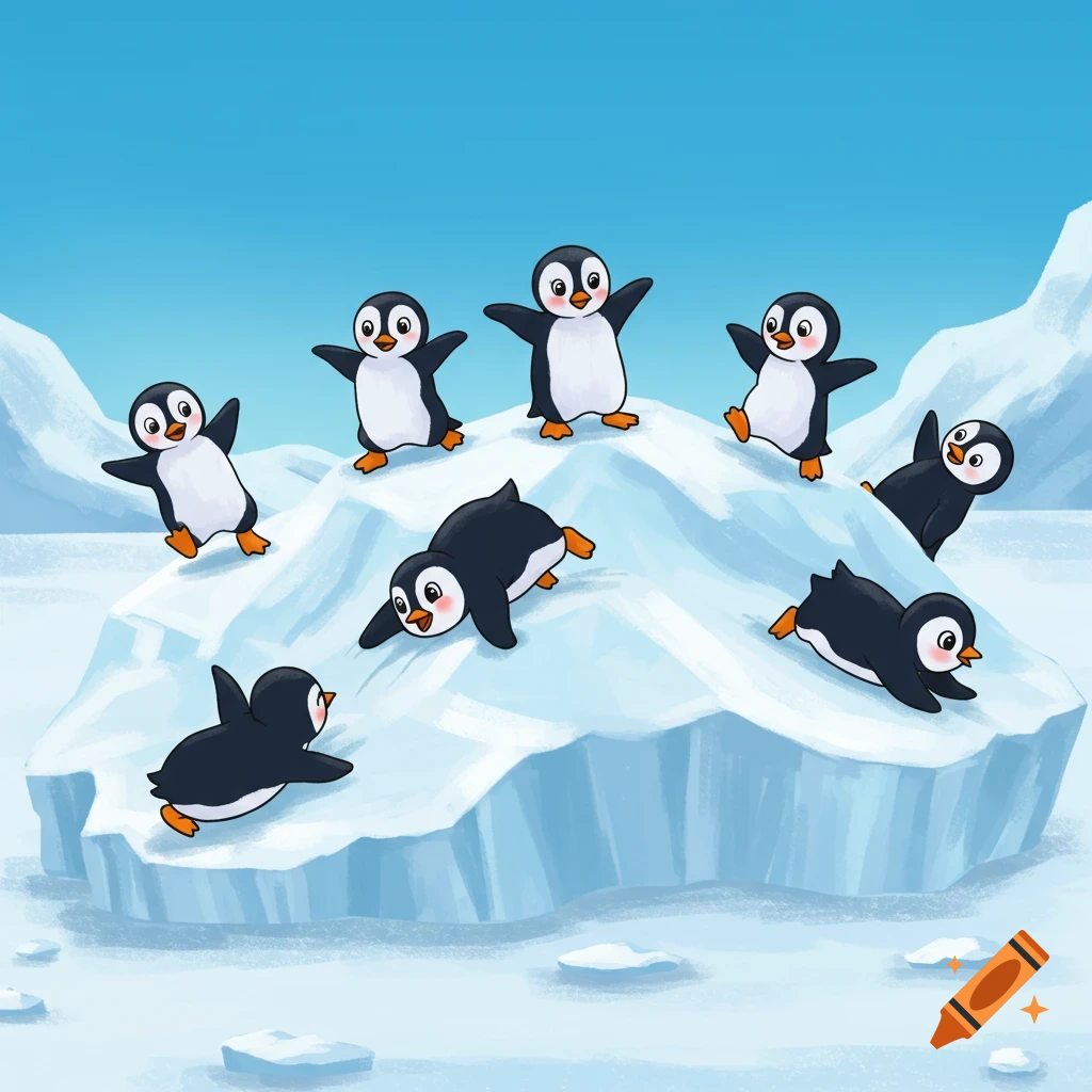 Cartoon penguins play on an ice floe in a snowy landscape.