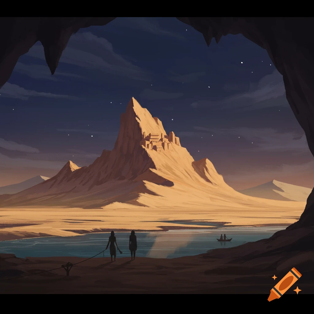 A desert oasis seen from a cave, with figures, a lake, a boat, and a mountain with a building.