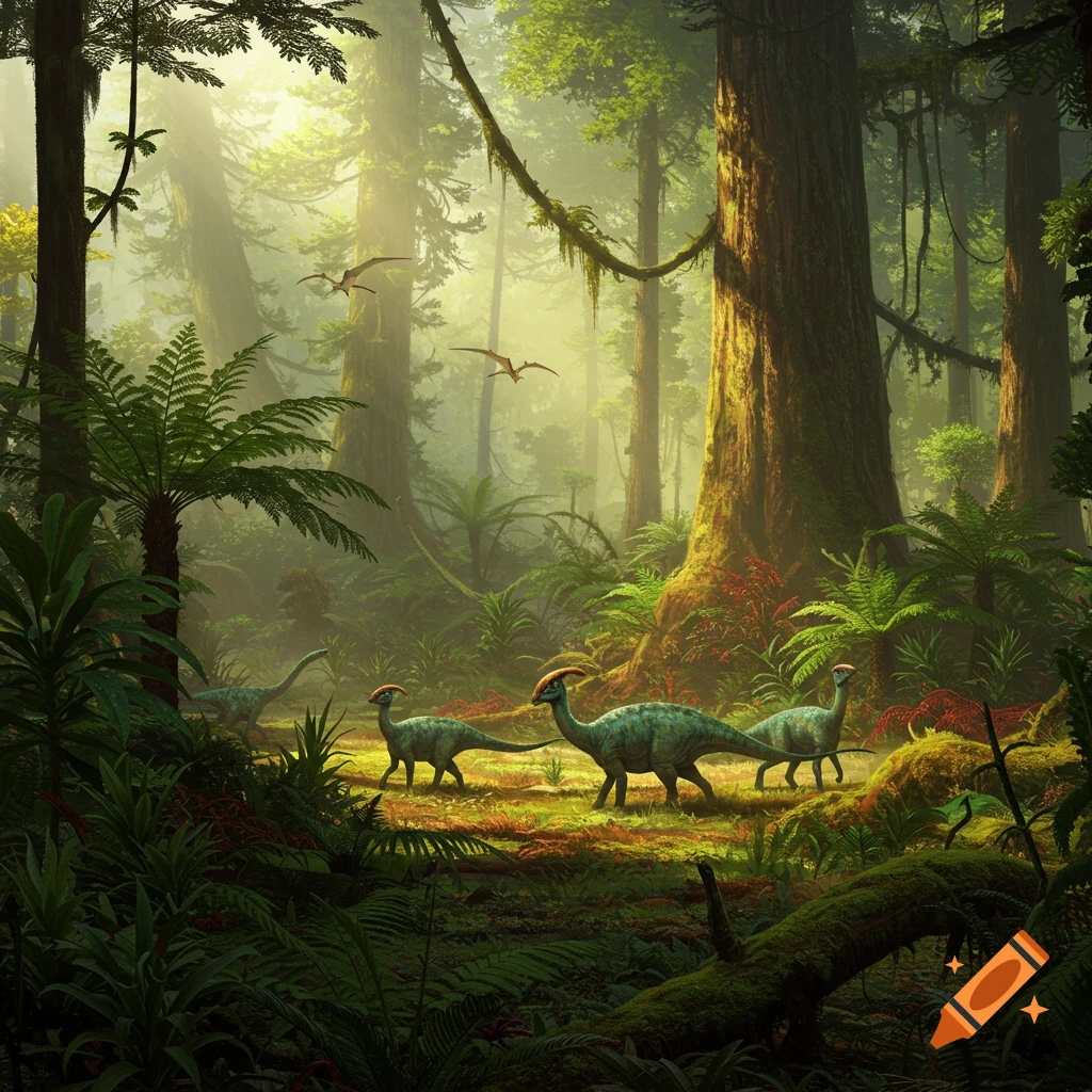 Dinosaurs walking through a misty prehistoric jungle