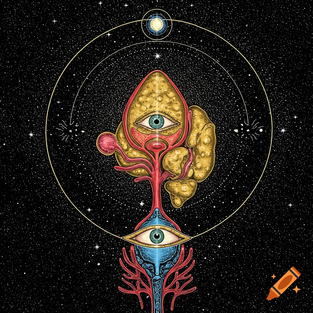 A psychedelic illustration of internal structures, eyes, and cosmic elements in space.