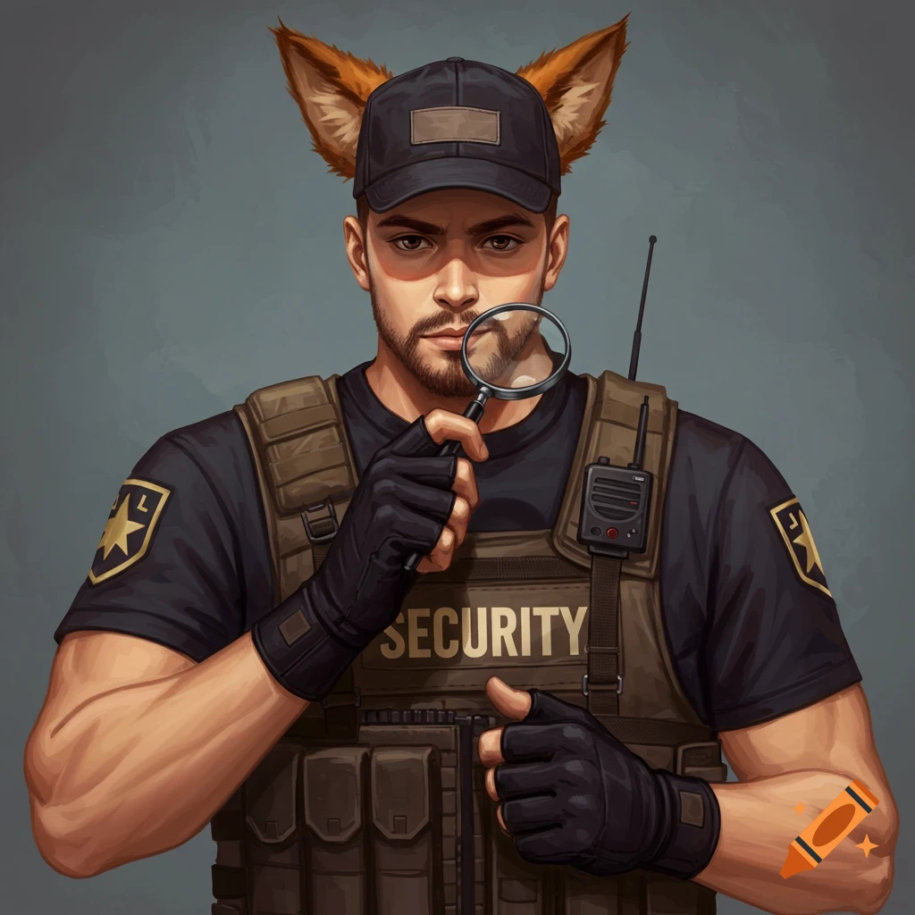 A man in a security vest with fox ears holds a magnifying glass.