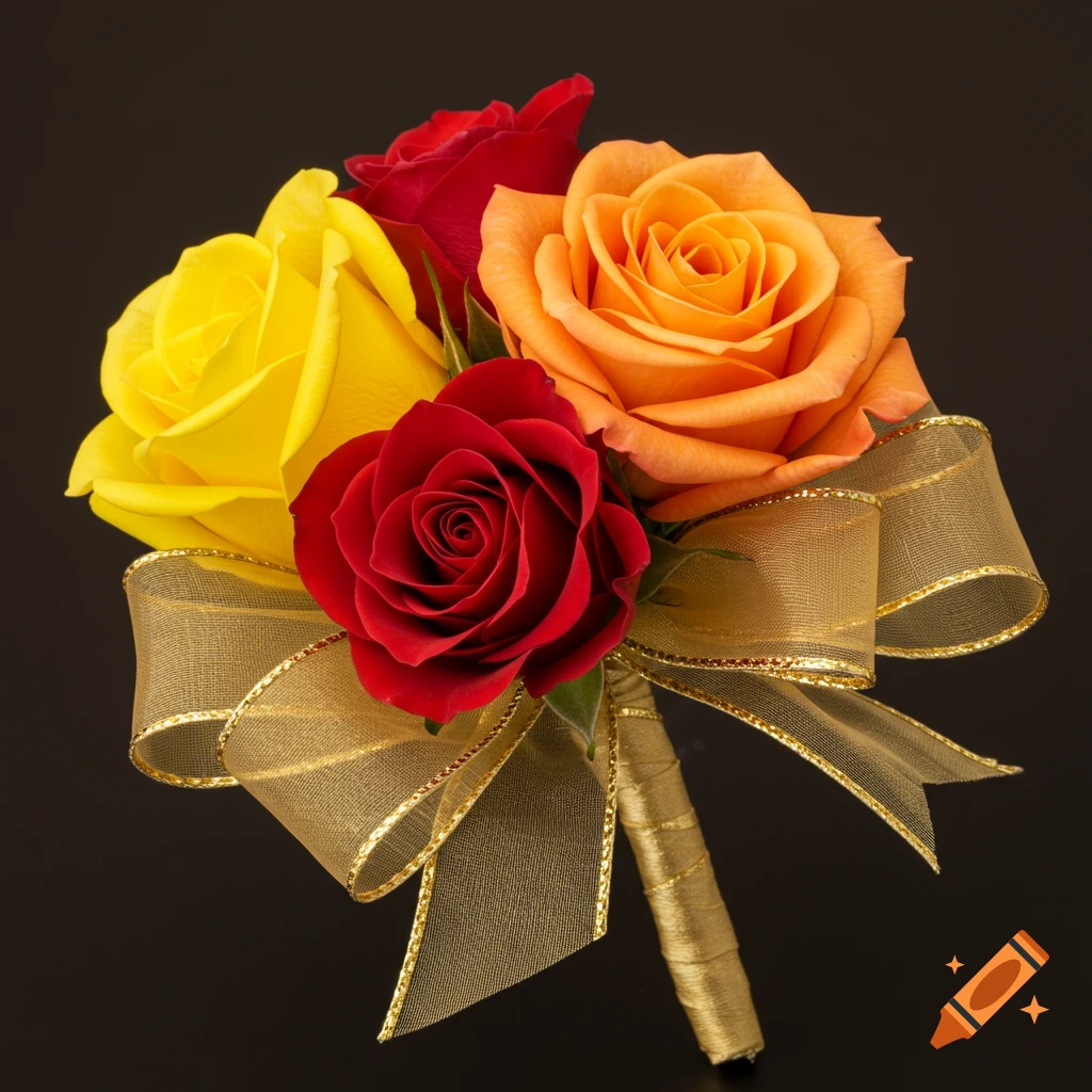 Corsage with red, yellow, and orange roses tied with a gold ribbon.