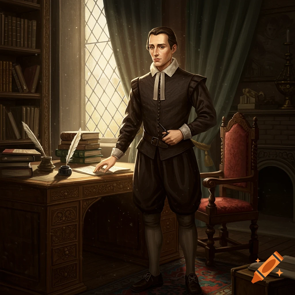 A man in 17th-century clothing stands by a desk in a dimly lit study with books.