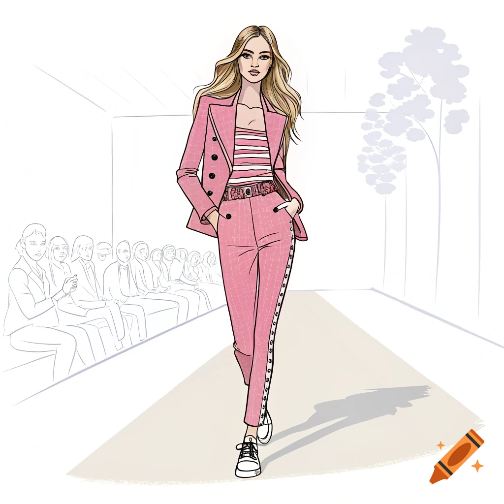 A fashion illustration of a woman in a pink striped pantsuit walking on a runway.