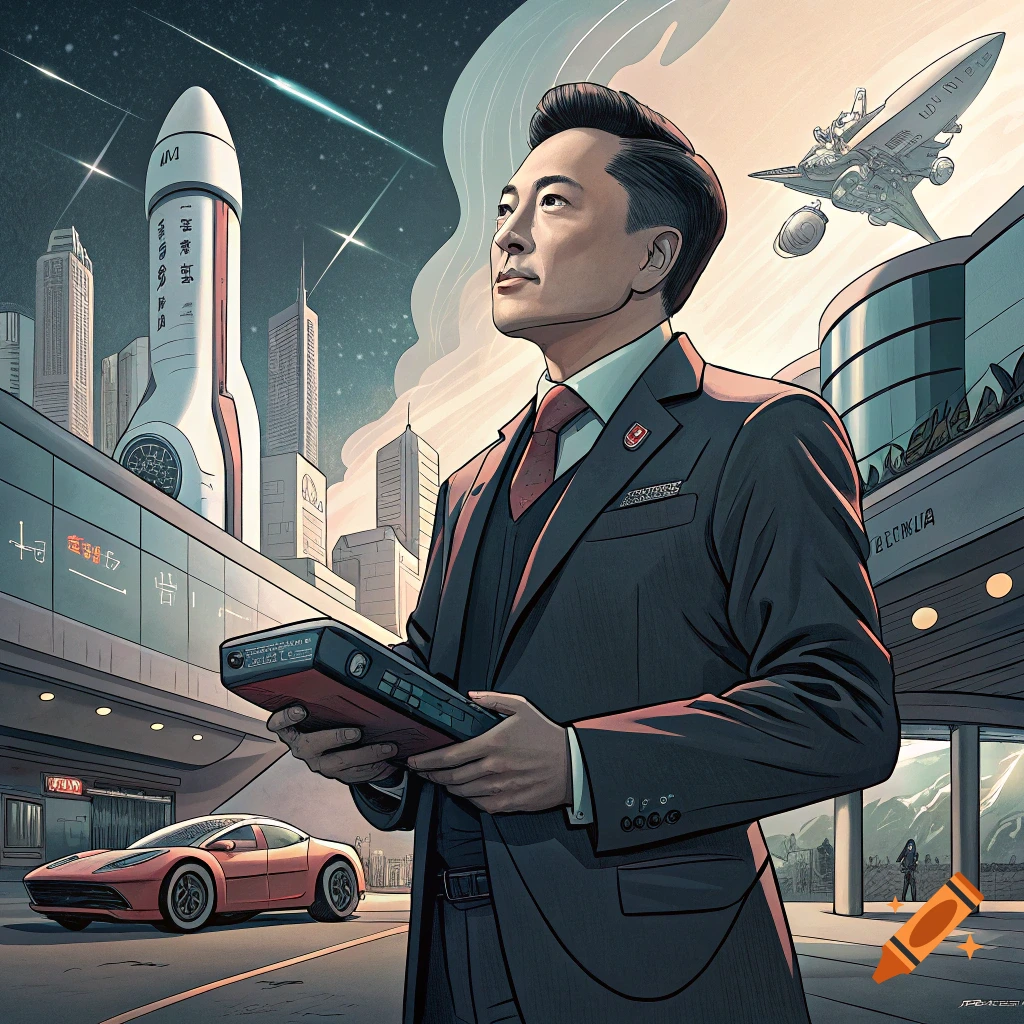 Stylized illustration of a man in a suit standing in a futuristic city with rockets and vehicles.
