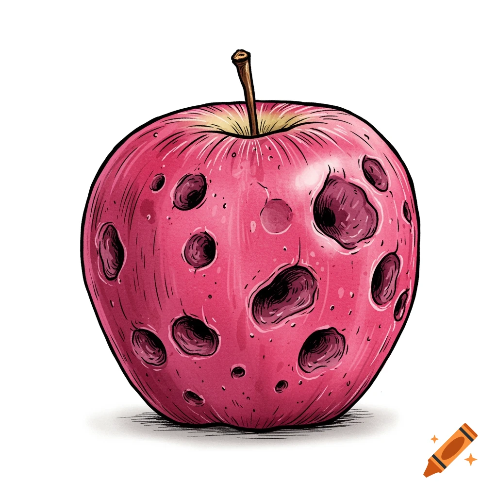 Illustration of a pink rotted apple