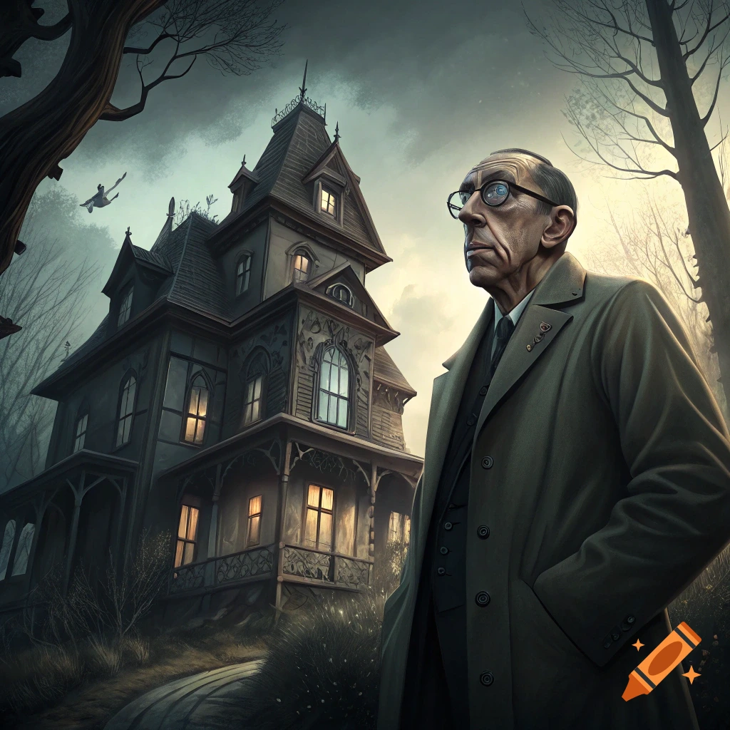 Man in coat stands before a spooky Victorian mansion under a cloudy sky.