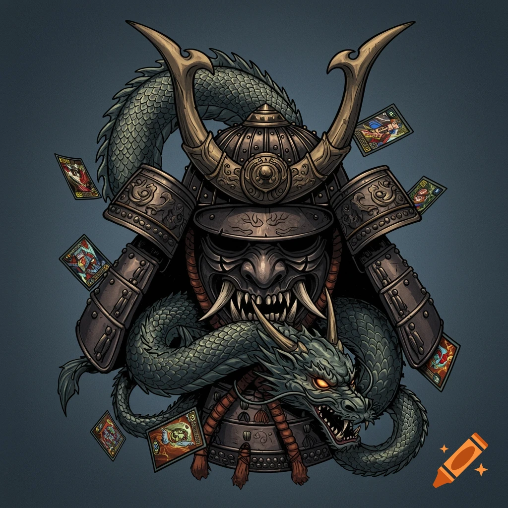 Stylized illustration of a samurai helmet with a dragon and floating trading cards.