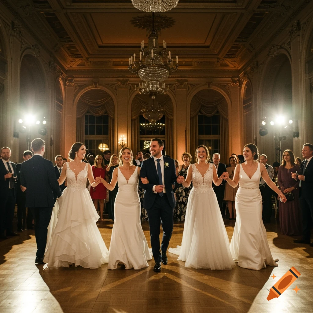 A wedding couple and four women in white dresses walk and smile down a ballroom floor.