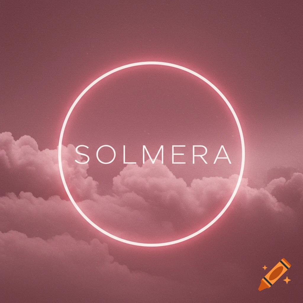 Minimalist logo icon with text SOLMERA inside a neon circle against a pink cloudy background.