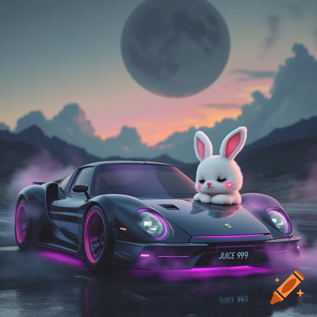 A fluffy white bunny sits on a black futuristic sports car with pink lights under a moonlit sky.